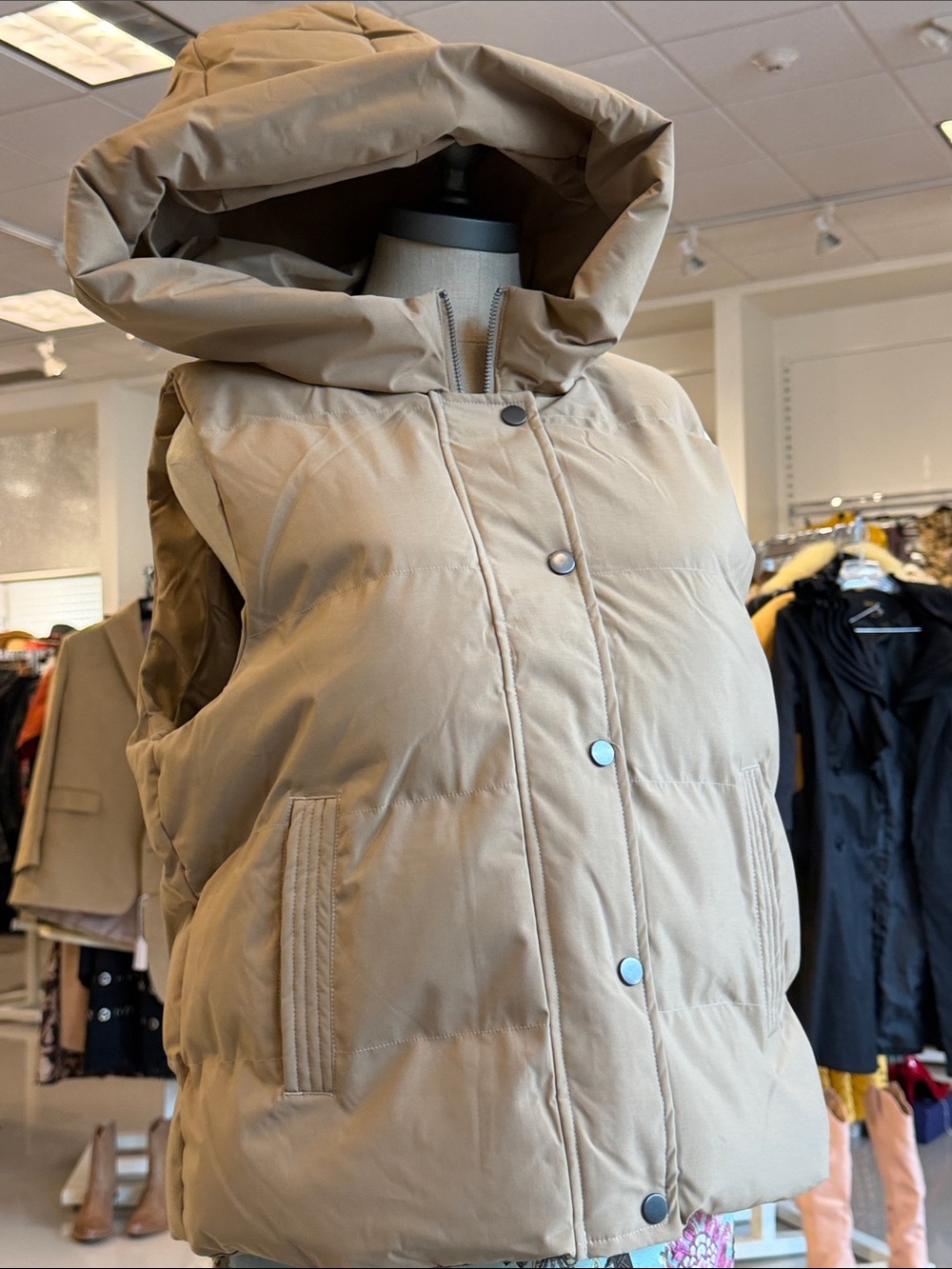 Quilted Hooded Puffer Vest - Beige large